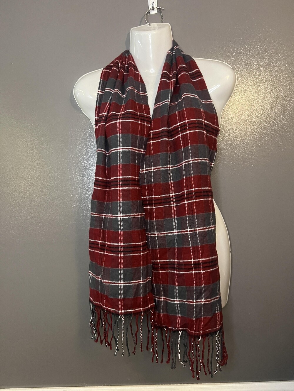 Catherines Scarf Womens One Size Red Gray Plaid Fringe Acrylic Winter Warm